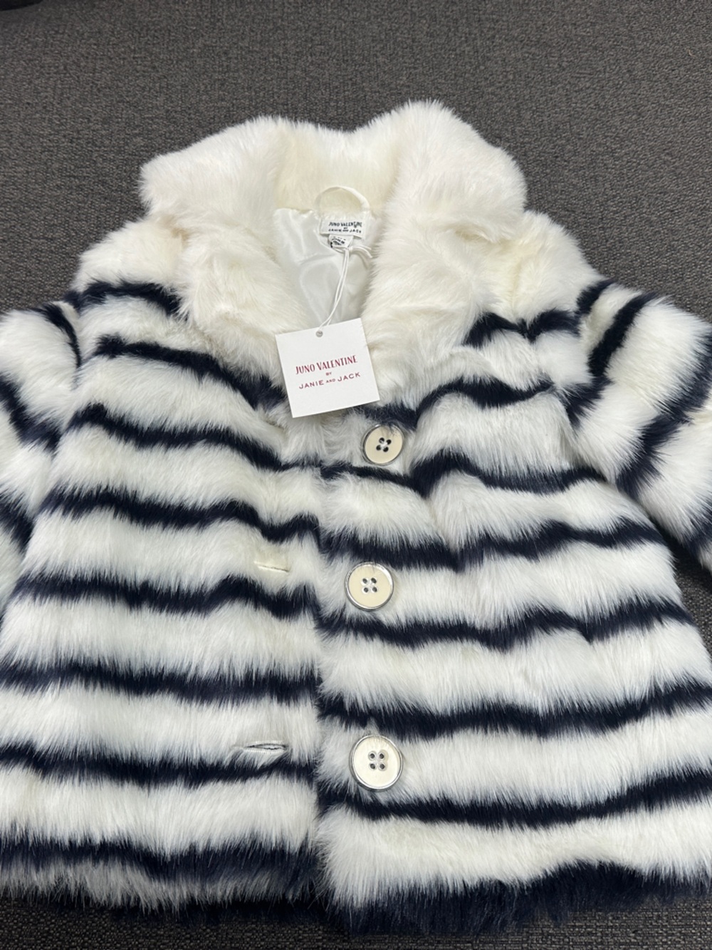 Juno Valentine by Janie and Jack Faux Fur Striped Pea Coat - White & Navy